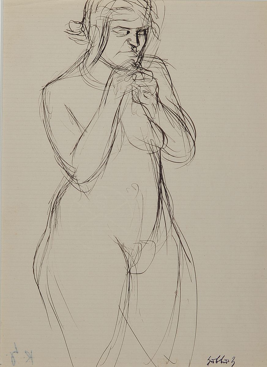 Karl Hubbuch, 1891-1979, Tuschezeichnung, Akt, Signaturstempel, verso Nachlaßstempel, Blattgr. 27x20 cm, leichte Fingerabdrucke an PP zusehen,