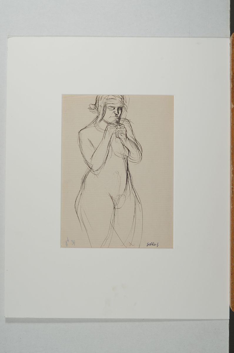 Detail k: Karl Hubbuch, 1891-1979, Tuschezeichnung, Akt, Signaturstempel, verso Nachlaßstempel, Blattgr. 27x20 cm, leichte Fingerabdrucke an PP zusehen,