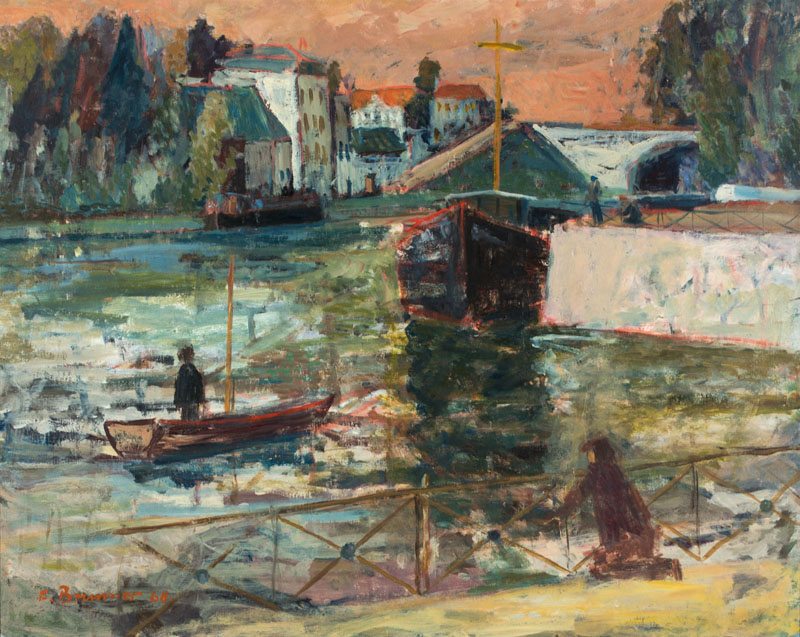 Frederic Brunner, geb. 1920 Bassersdorf/Schweiz, Fischerboote in Nogent an der Seine, Öl/Lwd, sign., dat. 68, verso betitelt, ca. 65x80 cm, Rahmen