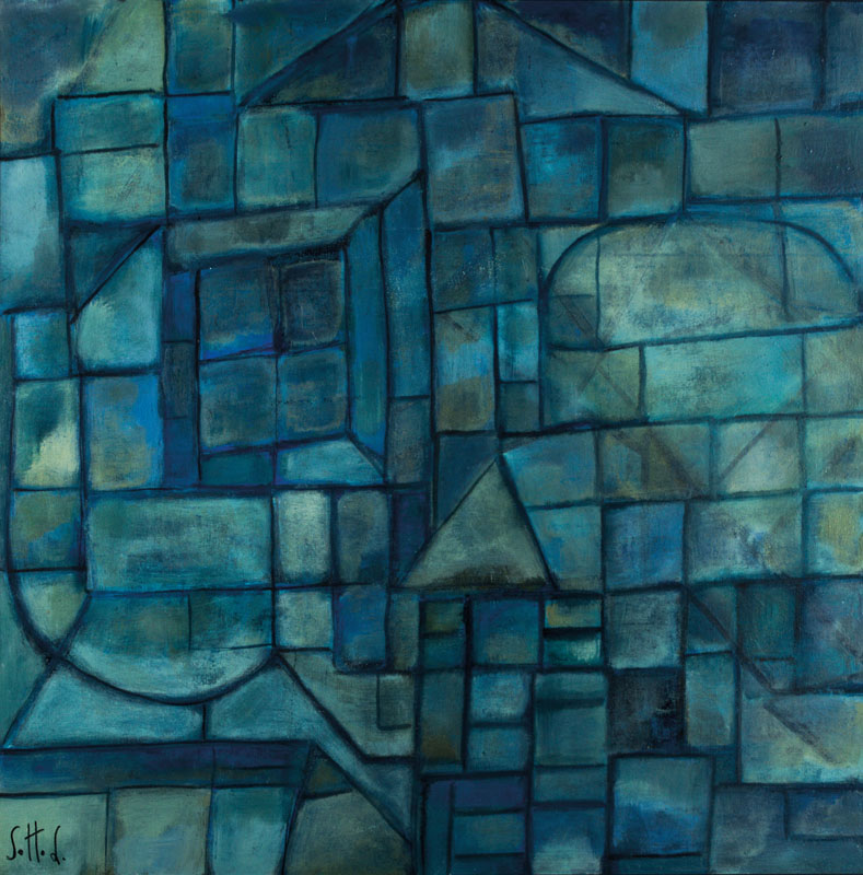 Lucien Sotto, zeitgenössischer Belgischer Künstler, geometrische Komposition in Blau, Öl/Hartfaser, sign., ca. 80x80 cm, Rahmen