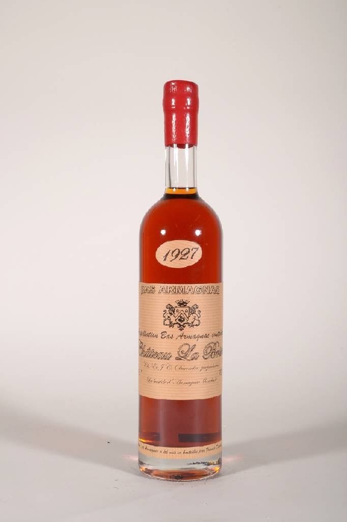 1 Flasche 1927 Chateau La Brise Bas-Armagnac , ca. 70 cl, 43% Vol., Füllstand: ca. into neck, unverkostet, sehr guter Erhaltungszustand, 1984 in die ...