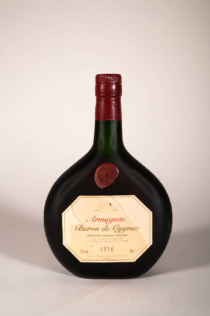 1 Flasche 1956 Baron de Cygnac Armagnac, ca. 70 cl, 40 % Vol., Abstand zwischen Kapsel und Armagnac: ca: 3,5 cm, unverkostet, sehr guter ...