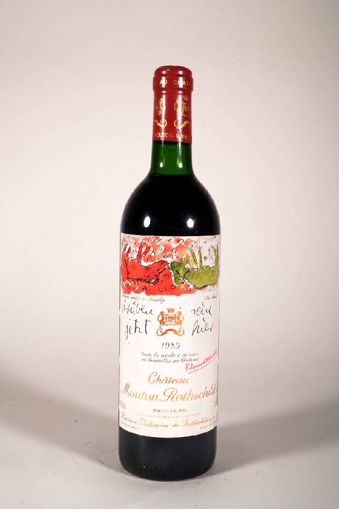 1 Flasche 1989 Chateau Mouton Rothschild, Pauillac, ca. 75 cl, 12,5 % Vol., Füllstand: ca. top shoulder, unverkostet, Etikett min. besch. sonst sehr ...