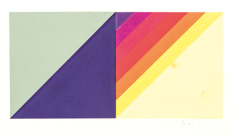 Anton Stankowski, 1906-1998, geometrische Collage, monogrammiert, dat. 74, ca. 9x18 cm, unter Glas gerahmt, gesamt 22x31 cm, leichte Flecken