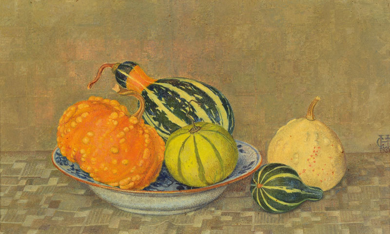 Tjitske G.M. van Hettinga Tromp, 1872-1962, Studium an der Akademie Den Haag, Stillleben mit Zierkürbissen und Delfter Teller, Öl/Lwd, ...