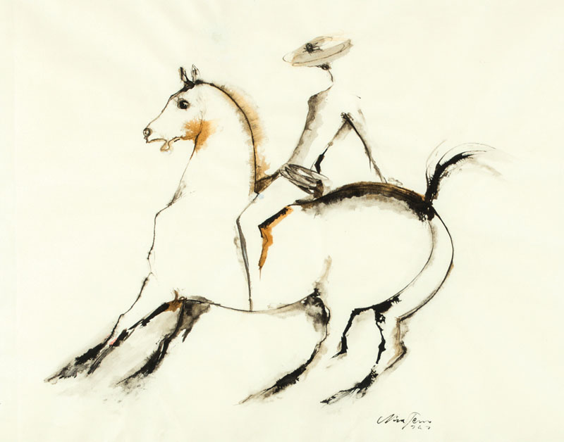 Nina Terno, 1935-2003 Finnland, Reiter, Aquarelle-Zeichnung, sign., dat. 77, unter Glas gerahmt, gesamt 55x66 cm