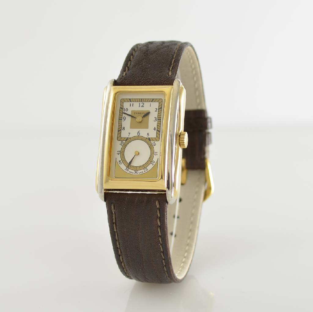 Detail b: CANDINO Armbanduhr sog. Doctors-Watch, Handaufzug, im Stil der 1930er Jahre, gefertigt um 1990, z. T. verg. Metallgeh. inkl. Lederband m. orig. ...