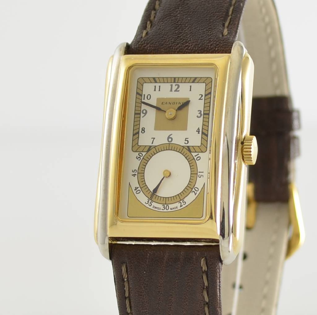Detail c: CANDINO Armbanduhr sog. Doctors-Watch, Handaufzug, im Stil der 1930er Jahre, gefertigt um 1990, z. T. verg. Metallgeh. inkl. Lederband m. orig. ...