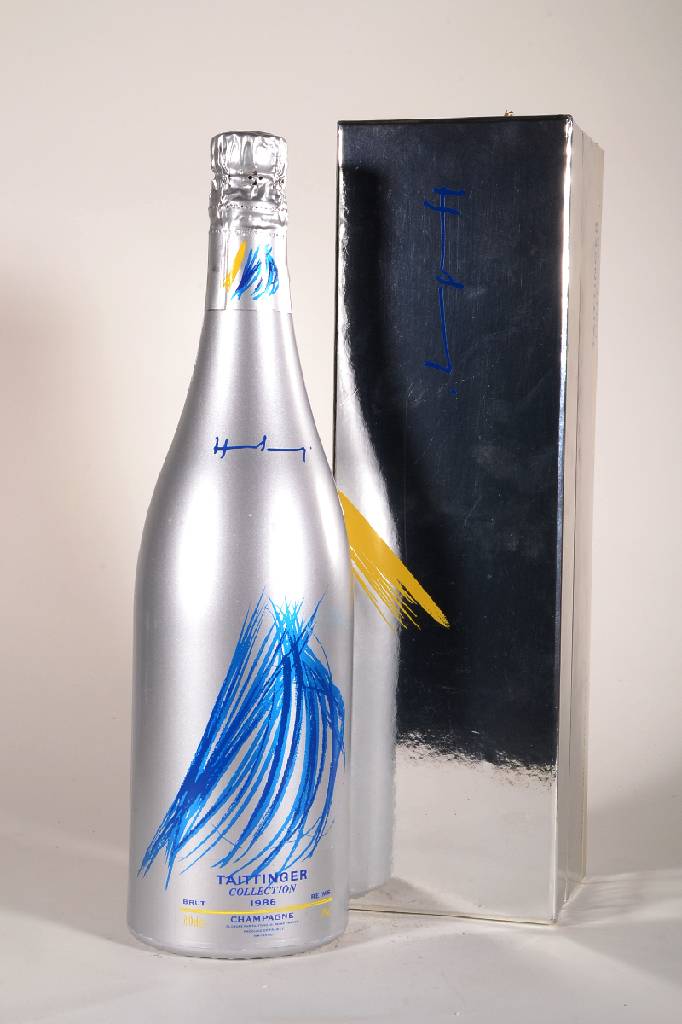 1 Flasche 1986 Champagner Taittinger Collection, ca. 75 cl, 12 % Vol., Künstleredition Hans Hartung, sehr guter Erhaltungszustand, sammelwürdig, ...