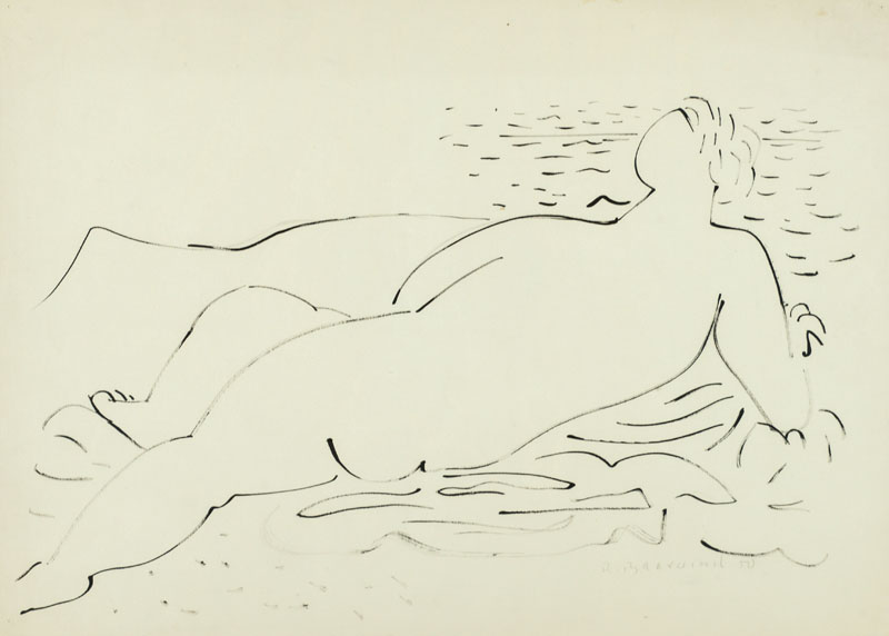 Rudi Baerwind, 1910-1982, Liegende, Zeichnung, sign., dat. 50, Blattgr. 46x62 cm, unter Glas gerahmt