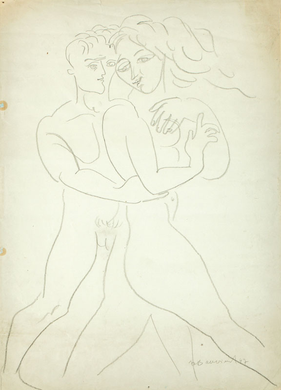 Rudi Baerwind, 1910-1982, Liebespaar, Zeichnung, sign., Blattgr. 42x60 cm, unter Glas gerahmt, gesamt 62x78 cm, Blatt am rand leicht fleckig, li ...