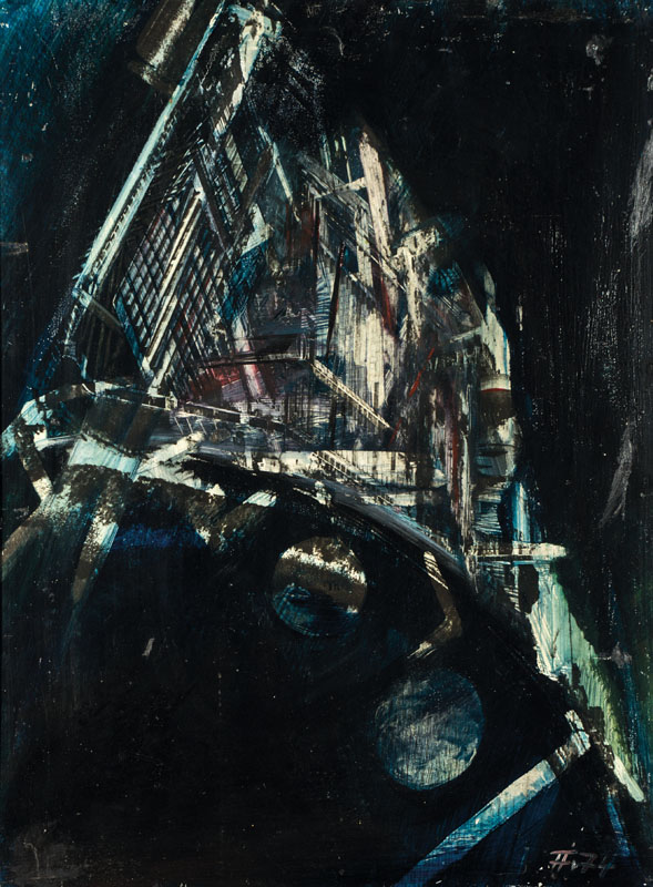 Florian Frieling 1939 Leverkusen - 1994 Deidesheim, Städtepanorama, Öl/Hartfaser, monogram., dat. 1974, Künstlerrahmen, ca. 85x65 cm