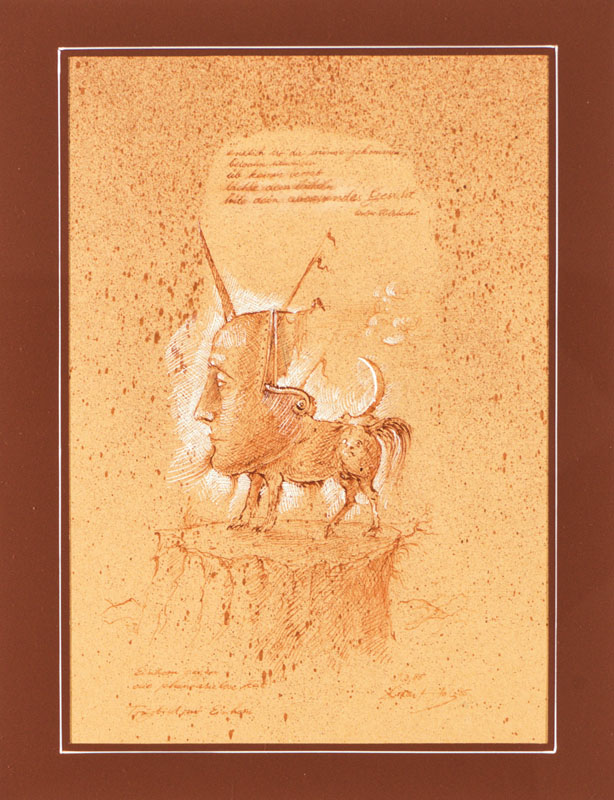Werner Holz, 1948 Grünstadt/Pfalz-1991 Ludwigshafen/Pfalz , "Trugbild mit Einhorn- Einhorn gegen die phantasielose Zeit", Rötelzeichnung, ...