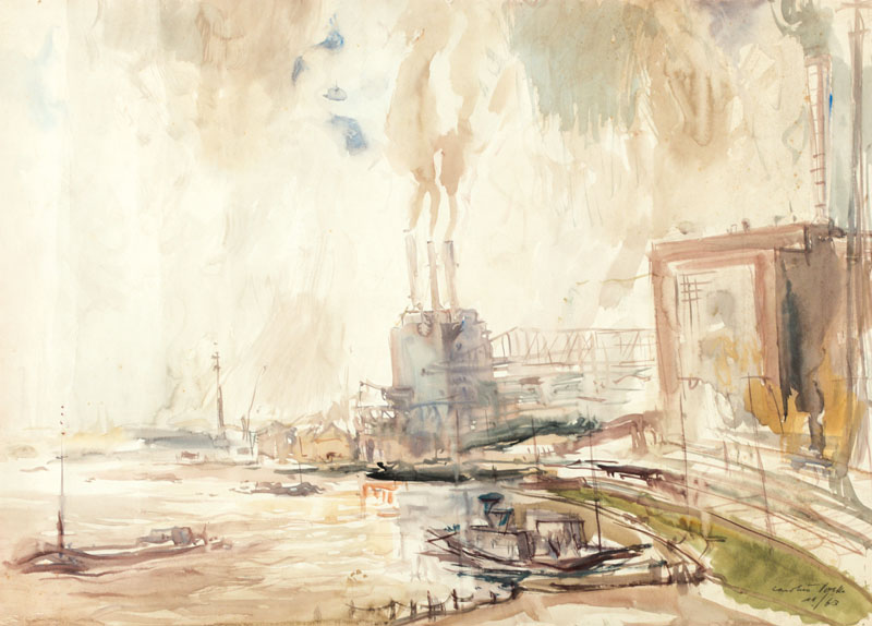 Carolus Vocke, 1899 Heilbronn-1979 Mannheim, Am Rheinhafen, Mischtechnik/Aquarell, sign., dat. 1963, ca. 66x90 cm, unter Glas gerahmt, gesamt 83x110 ...