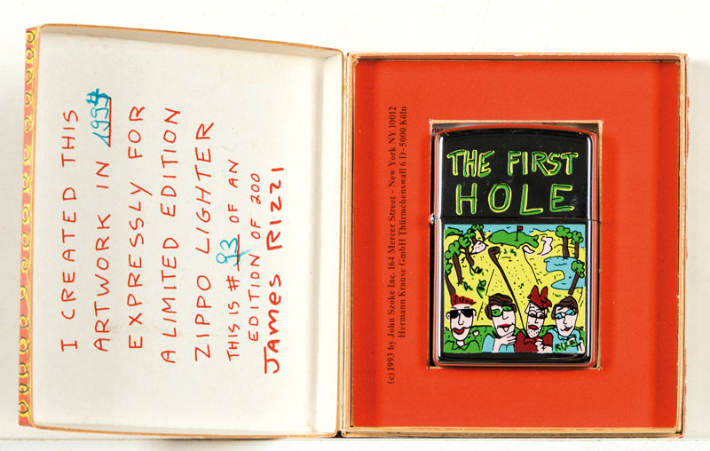 James Rizzi, 1950-2011, The First Hole, Zippo-Feuerzeug, limitierte Edition 93/200, inOriginal-Box, unbenutzt, ca. 5,5x3,5 cm