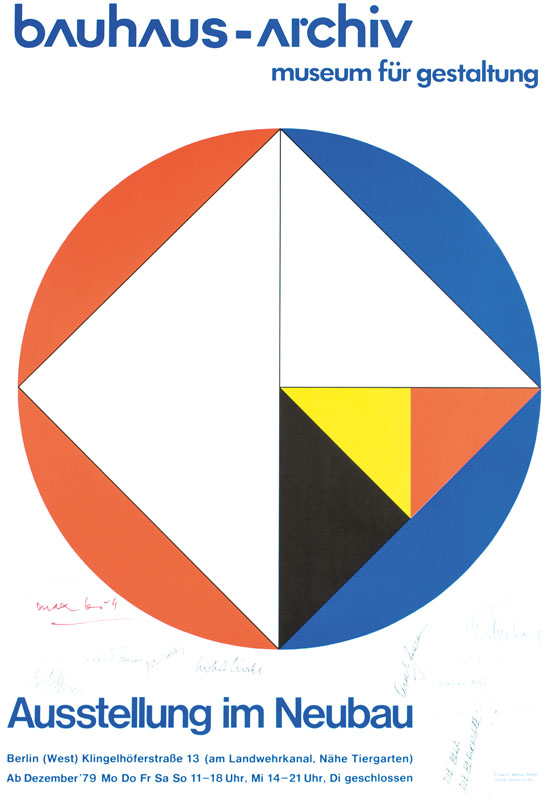 Max Bill, 1908-1991, Farbsiebdruck, Bauhaus Archiv 1979, handsign., zusätzl Signaturen von 12 weiteren Personen, num. 31/33, Blattgr. 84x59,5 cm