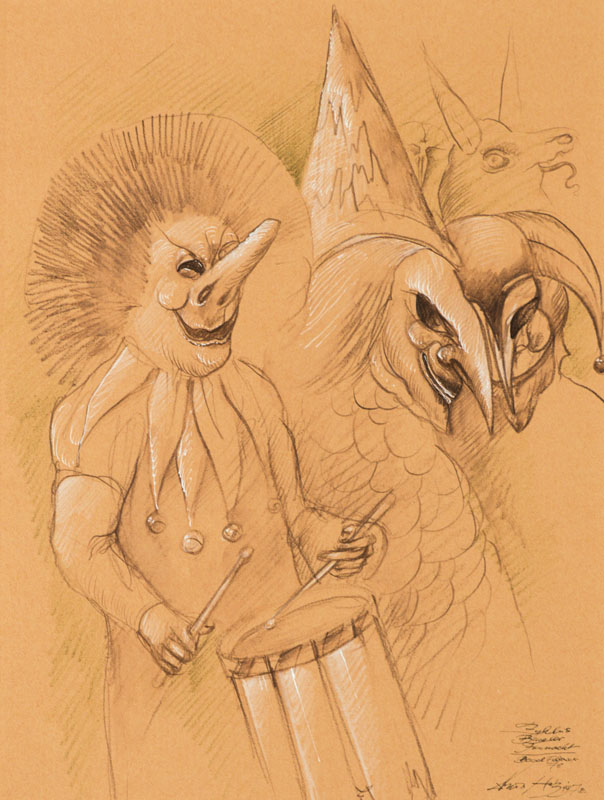 Werner Holz, 1948-1991, Baseler Fasnacht, Rötelzeichnung, sign., Blattgr. 53x43,5 cm, unter Glas gerahmt
