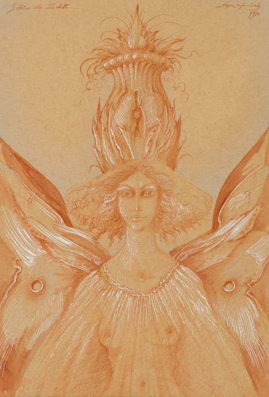 Werner Holz, 1948-1991, Rötelzeichnung, Göttin des Lichts, handsign., ca. 26x17 cm, unter Glas gerahmt