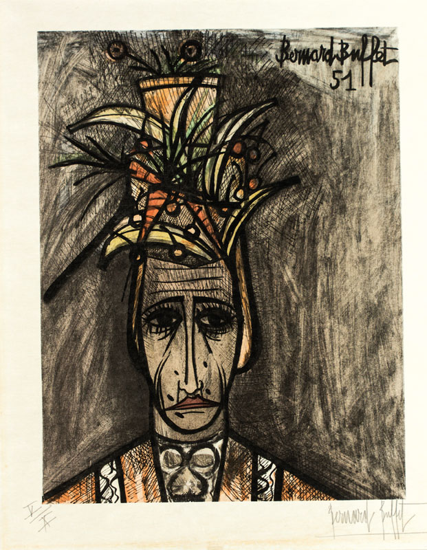 Bernard Buffet, 1928-1999, Le Travesti, Farblithografie, handsign., num. 5/10, in Platte dat. 1951 und sign., Platte ca. 43x56 cm, Blatt ca. 70x55 ...
