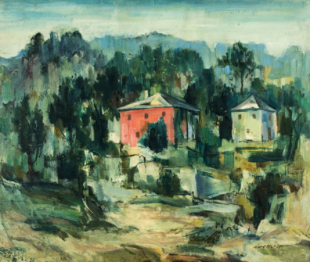 Albert Mueller, 1884-1963, Häuser in Landschaft, Öl/Hartfaser, re unten sign., ca. 44x52 cm, Rahmen, Provenienz: Nachlass des Künstlers