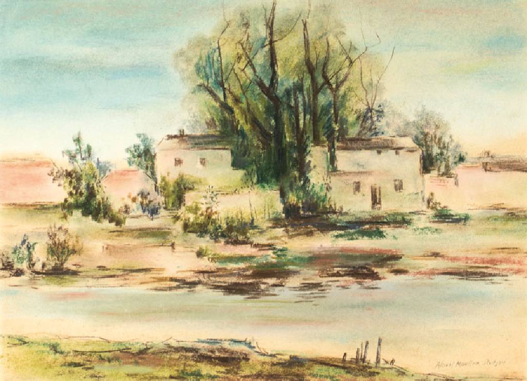 Albert Mueller, 1884-1963, Häuser in ebener Landschaft, Pastellkreide auf chamoisfarbenem Papier, um 1928, sign., mit Ortsbezeichnung ...
