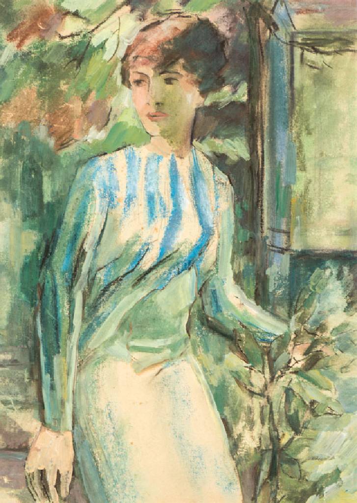 Albert Mueller, 1884-1963, Frau im Garten, Pastellkreide/Gouache auf hellbraunem Bütten, Spätwerk zw. 1950-1960, Blattgr. 53x43 cm, auf PP moniert, ...