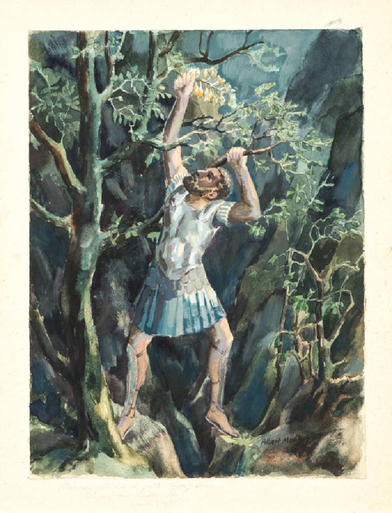 Albert Mueller, 1884-1963, Aeneas pflückt den goldenen Zweig am Eingang zur Unterwelt, (Virgil), Acryl auf dünnem Papier, montiert auf Karton, re ...