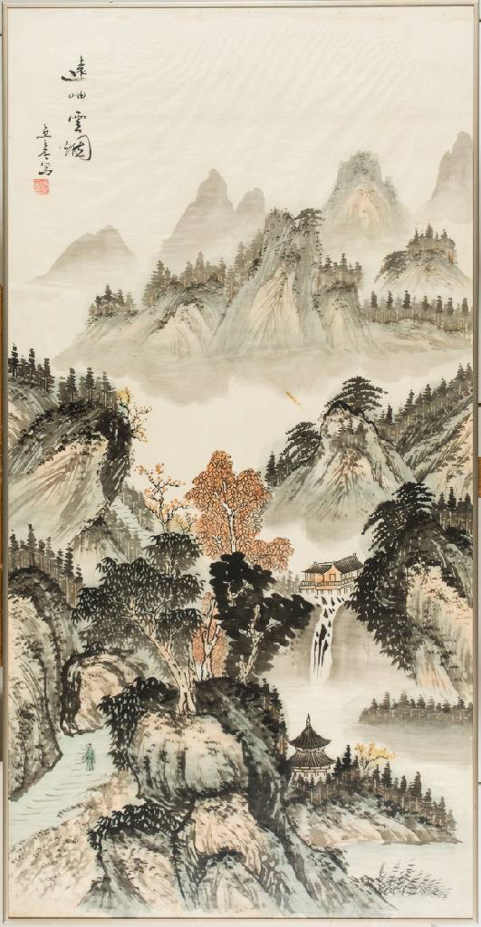asiatischer Künstler, Aquarell auf Seide, Künstlersiegel, kleiner brauner Fleck auf der Seide, ca. 117x60 cm, unter Glas gerahmt