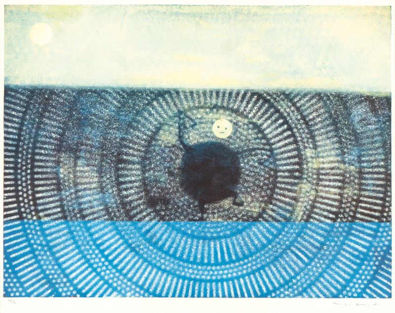 Max Ernst, 1891-1976, Der versunkene Mond, Farblithografie, handsign., num. 47/96, ca. 26x35 cm, unter Glas gerahmt, gesamt ca. 56,5x61 cm