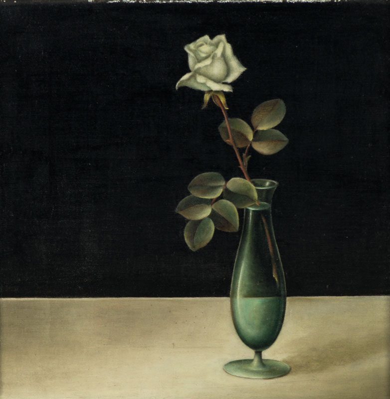 Albin Edelhoff, 1887-1974, Stillleben mit Rose, um 1930, Öl/Lwd, verso sign., ca. 30x30 cm, Rahmen, leichte Farbabreibungen am oberen und rechten ...