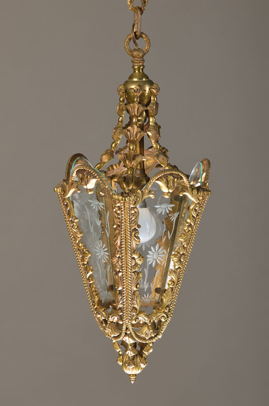 Laternenlampe, deutsch 60/70er Jahre, Schwere Bronzeausführung, 5 dekorativ geschliffene Gläser, 1 Brennstelle, Elektrifizierung nicht geprüft lt. ...