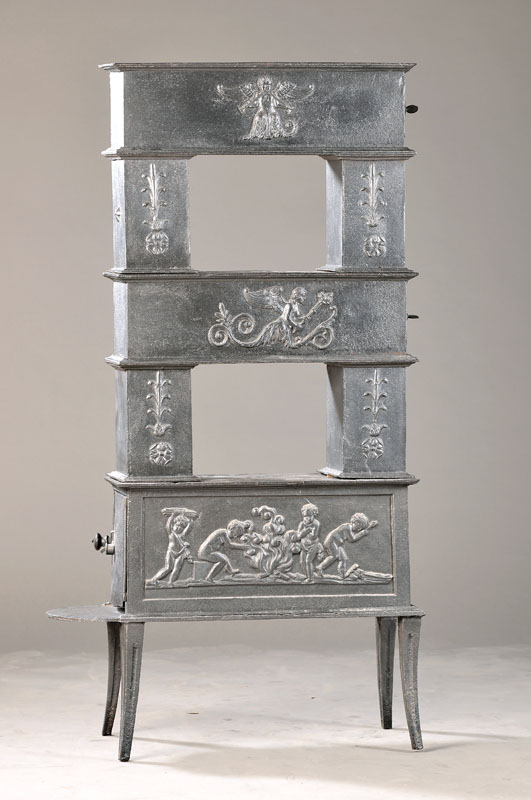 Etagenofen nach altem Vorbild, Gußeisern, 3 Etagen, zerlegbar, Funktion nicht gewährleistet, dekorativ, ca. 120x68x26 cm