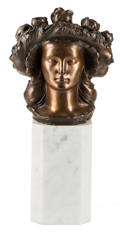 Ernst Fuchs, 1930-2015, Flora, Bronzebüste auf weißem Marmorsockel, sign., bezeichnet Artist proof 17/30, Gießerstempel Strassacker Giesserei ...