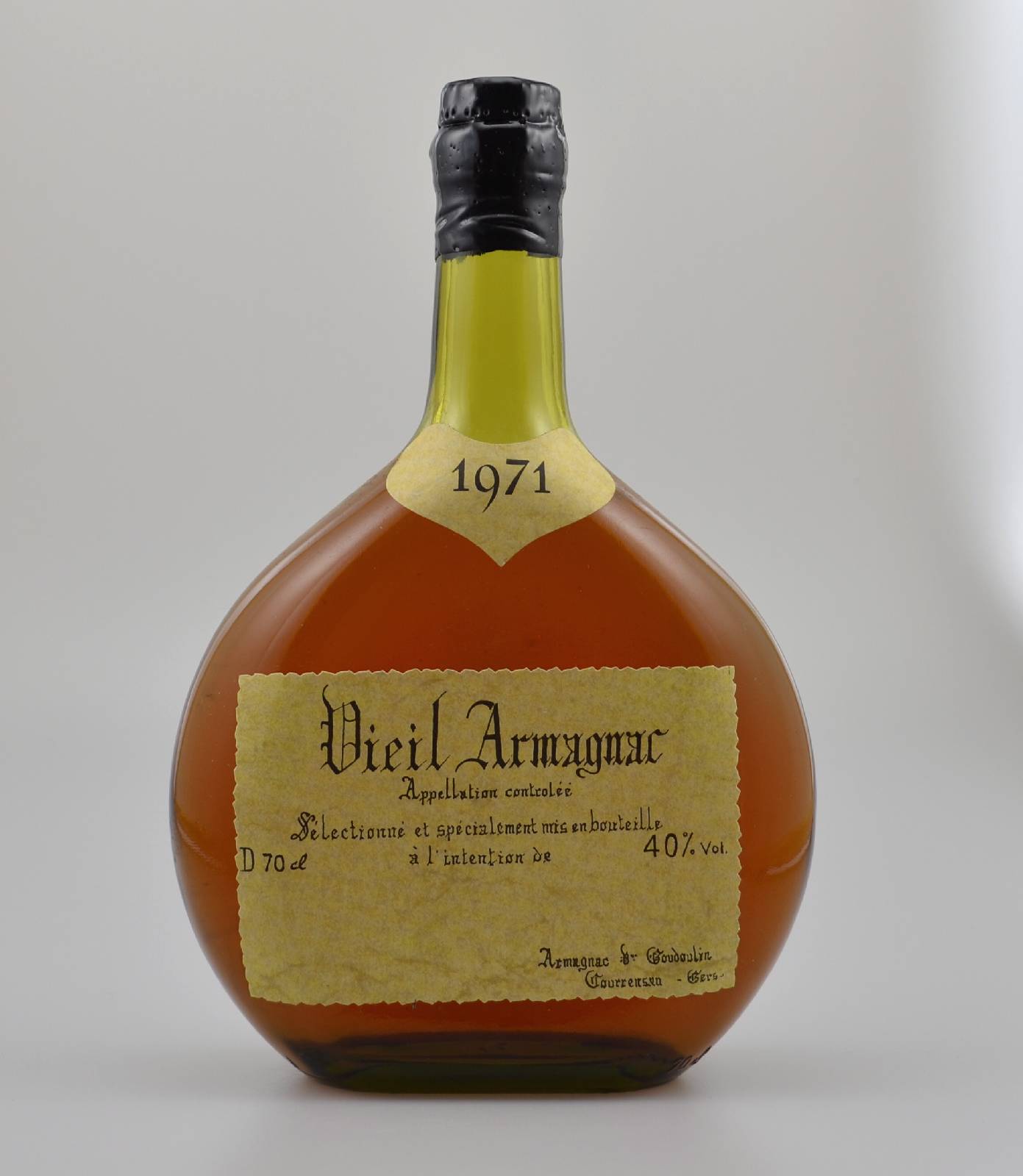 1 Flasche 1971 Vieil Armagnac, Goudoulin, ca. 40 % Vol, ca. 70 cl, Abstand zwischen Kapsel und Armagnac: ca. 4 cm, unverkostet, guter ...