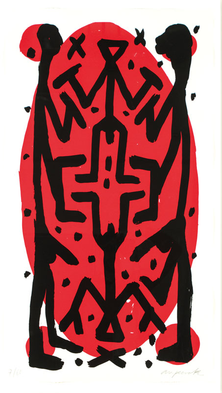 A.R. Penck, 1939-2017, Farbserigraphie, handsign., num. 7/60, Blattgr. 102x60 cm, unter Glas gerahmt, gesamt 117x70 cm