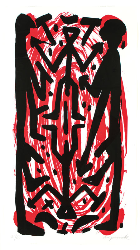 A.R. Penck, 1939-2017, Farbserigraphie, handsign., num. 7/60, Blattgr. 102x60 cm, unter Glas gerahmt, gesamt 117x70 cm
