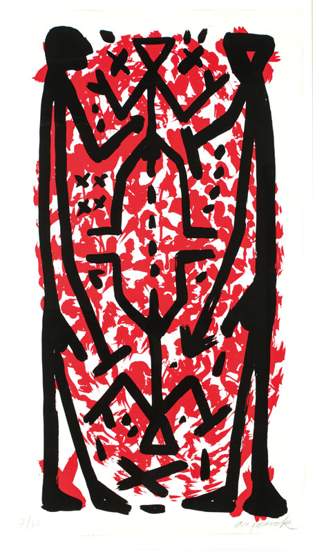 A.R. Penck, 1939-2017, Farbserigraphie, handsign., num. 7/60, Blattgr. 102x60 cm, unter Glas gerahmt, gesamt 117x70 cm
