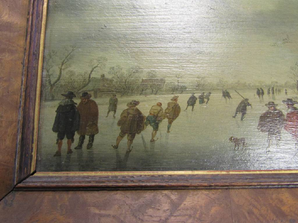 Detail b: Unbekannter Maler, Niederlande, 18. Jh., Eisvergnügen, Öl/Holz, unsigniert, ca. 13x.21.5cm, R.