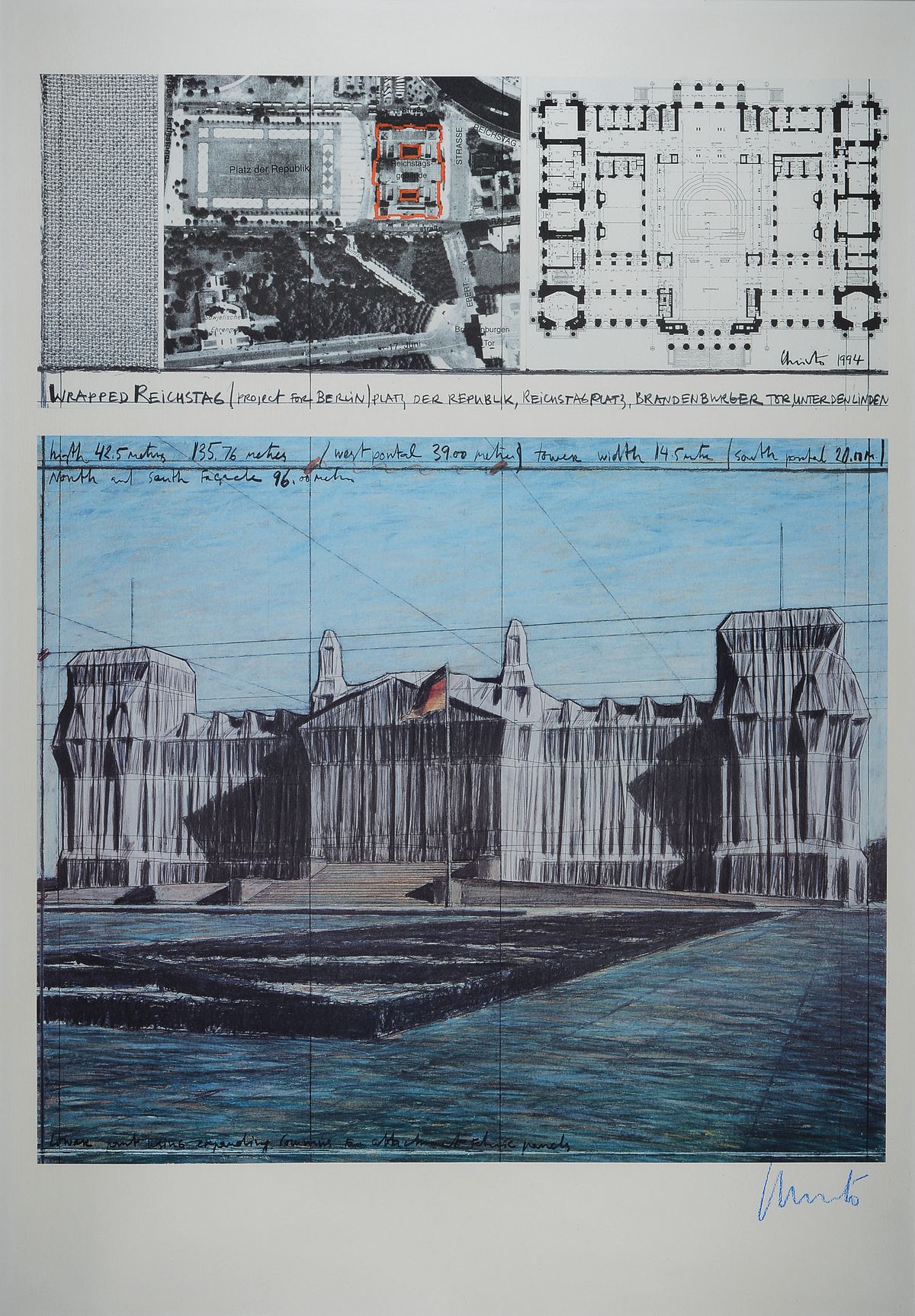Christo und Jeanne-Claude, Wrapped Reichstag, Farboffset, handsigniert, ca. 100x70cm, unter Glas gerahmt