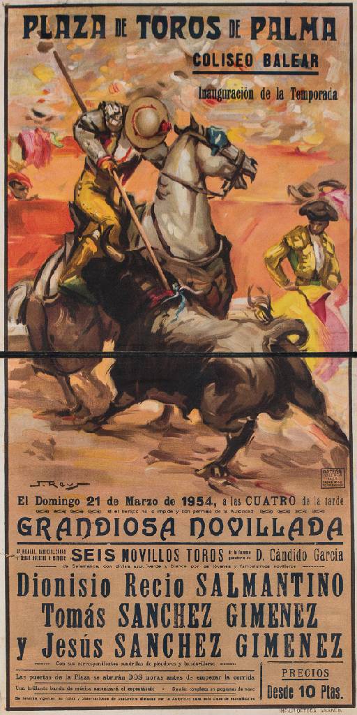 Konvolut aus 2 Lithografien, Stierkampf in Spanien, Lithografien auf Karton angebracht, Originale aus 1954, Zustand altersgemäß mit Knicken und ...