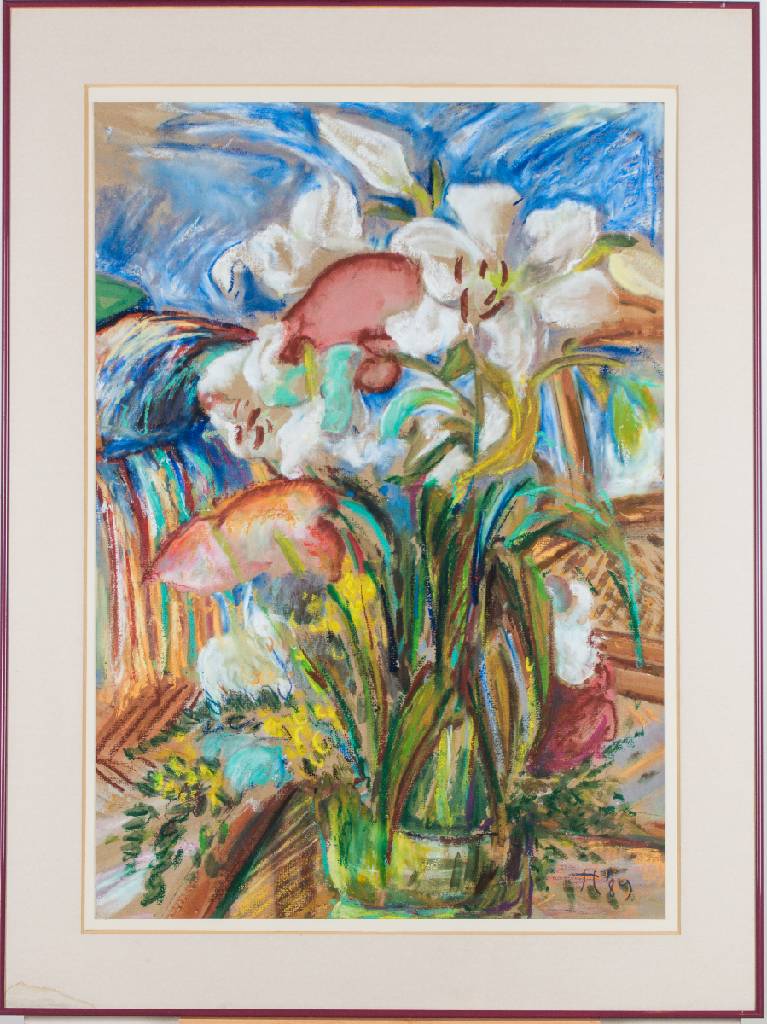unbekannter Künstler, Pastellmalerei, monogram. H., dat. 89, verso beschriftet, Blattgr. 96x68 cm, unter Glas gerahmt, gesamt 120x90 cm