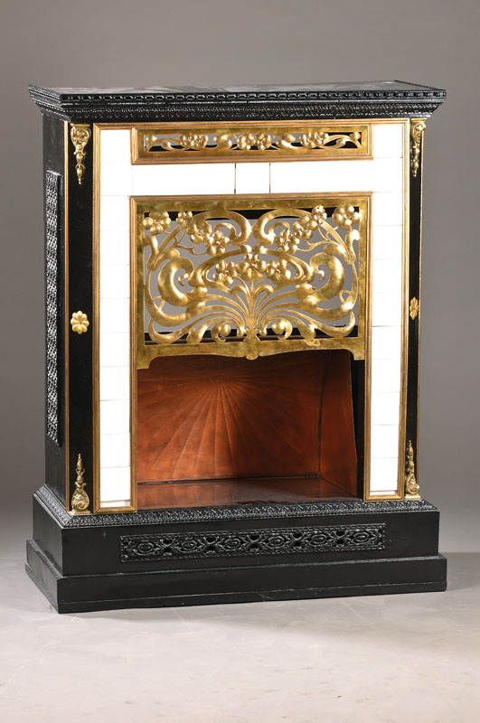 Kaminumrandung, deutsch, 1905, Metall, Steinplatten, floral-abstrakter Jugendstil, Metallrahmen vielfach unterschiedlichst profiliert, Gitter in ...