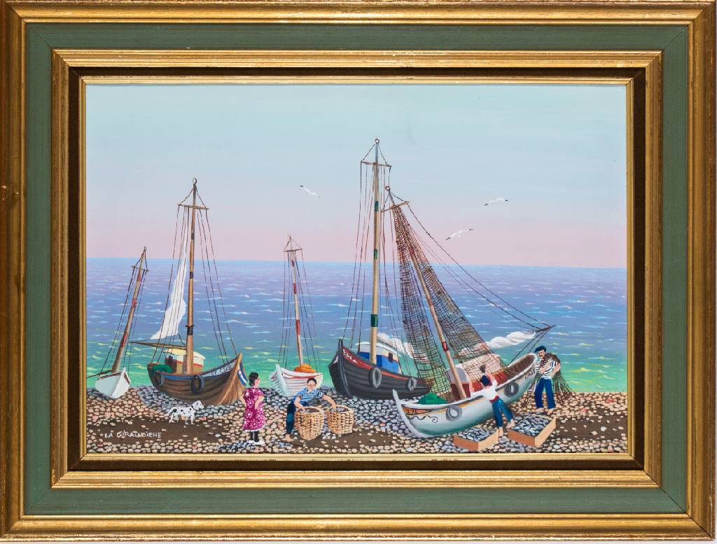 Madeleine de la Giraudiere, geb. 1922 Toulouse, Küstenszene, sign., ca. 38x55 cm, im Prunkrahmen gerahmt, gesamt 54x70 cm