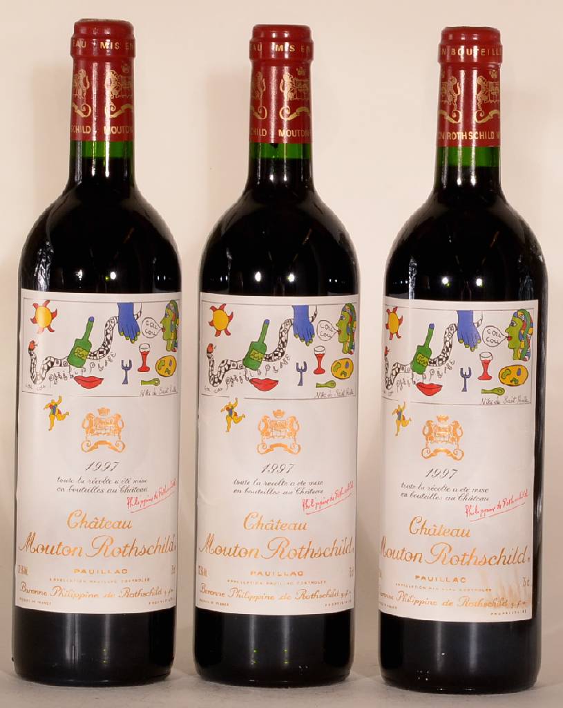 3 Flaschen 1997 Chateau Mouton Rothschild, Pauillac, Premier Grand Cru Classe, je. ca. 75 cl, 12,5 % Vol., Füllstand: je ca. into neck, unverkostet, ...