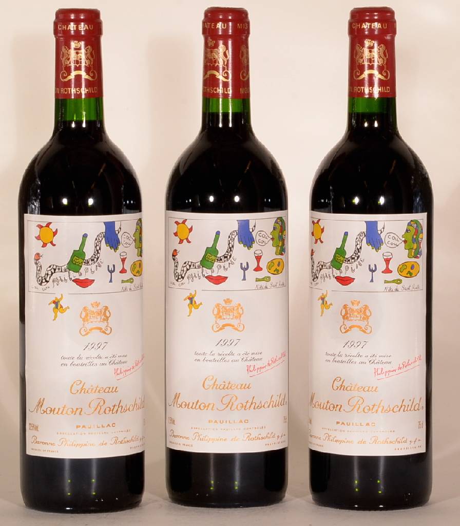3 Flaschen 1997 Chateau Mouton Rothschild, Pauillac, Premier Grand Cru Classe, je. ca. 75 cl, 12,5 % Vol., Füllstand: je ca. into neck, unverkostet, ...