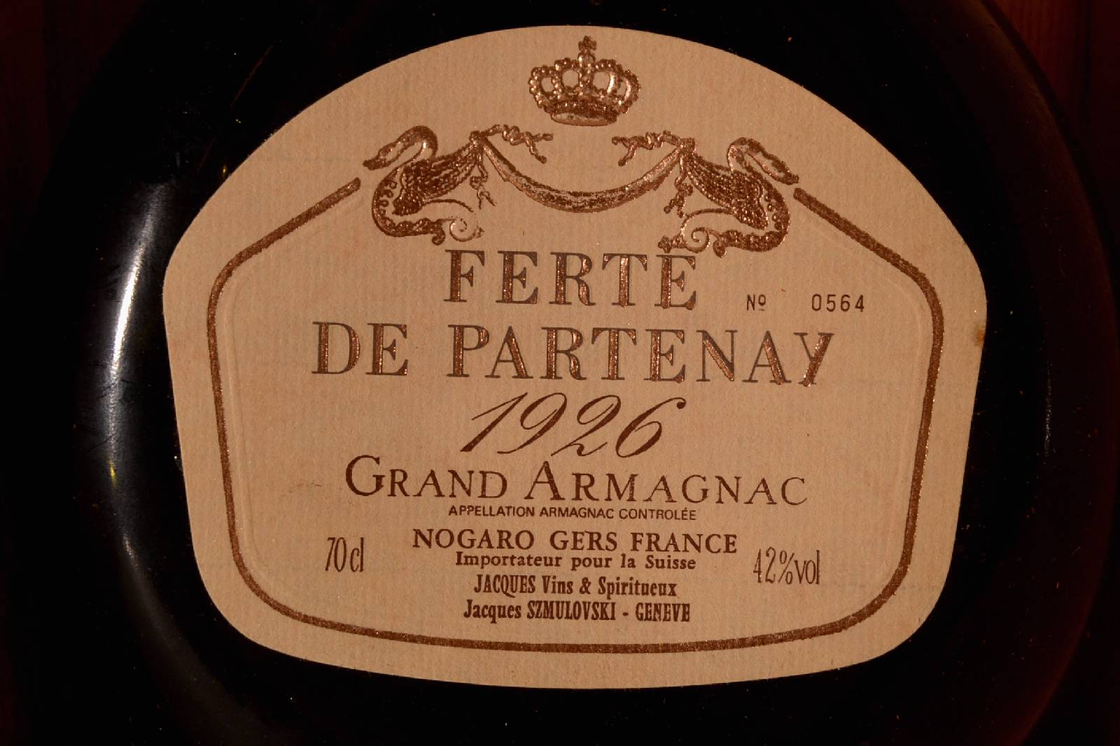 Detail a: 1 Flasche 1926 Ferte De Partenay Armagnac, ca. 70 cl, 42 % Vol, unverkostet, sehr guter Erhaltungszustand, sammelwürdig, sehr selten im Angebot, ...