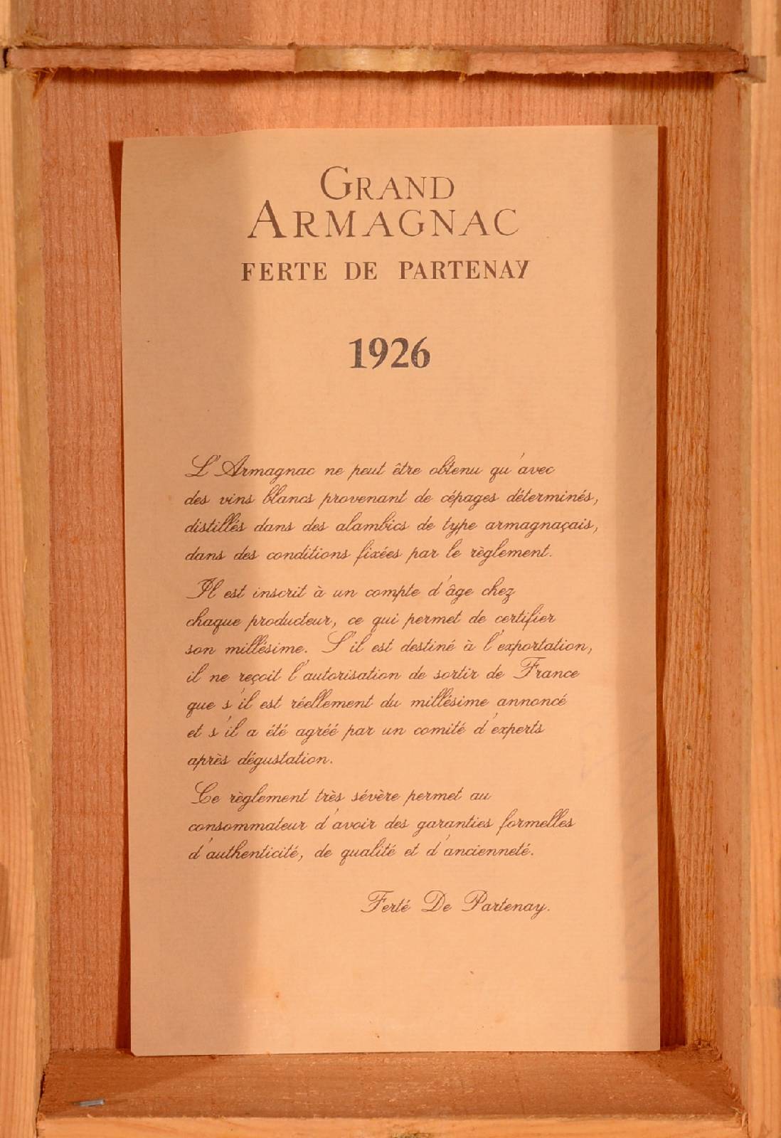 Detail d: 1 Flasche 1926 Ferte De Partenay Armagnac, ca. 70 cl, 42 % Vol, unverkostet, sehr guter Erhaltungszustand, sammelwürdig, sehr selten im Angebot, ...