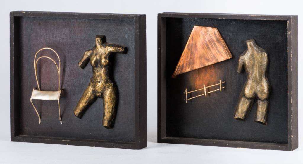 K. Siemon, Künstler 20.Jh., 2 Objekt- Arbeiten aus Holz, Bronze, Silber und Kupfer, Torso einen Stuhl besteigend und Torso sich an einem Kamin ...