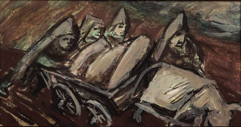 Karl Hubbuch, 1891-1979, Heimwärts, wohl um 1930/34, Tempera auf Hartfaser, li unten handsign., verso Nachlassstempel, ca. 13x25 cm, Rahmen, ...