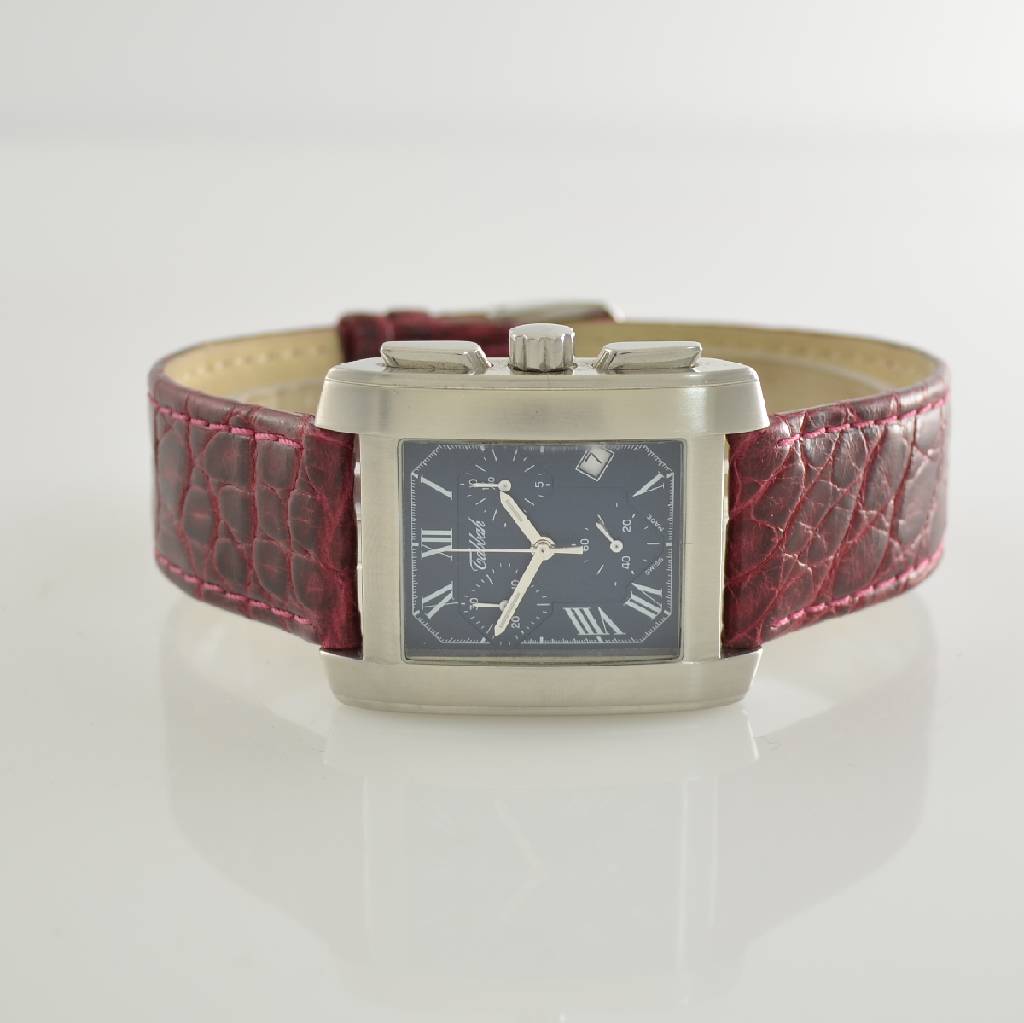 TABBAH Armbandchronograph, Schweiz um 1999, Edelstahlgeh. teilw. sat., neutr. Lederband, Glas l. verkr., Boden 4 -fach verschr., Anz. v. Std., Min., ...